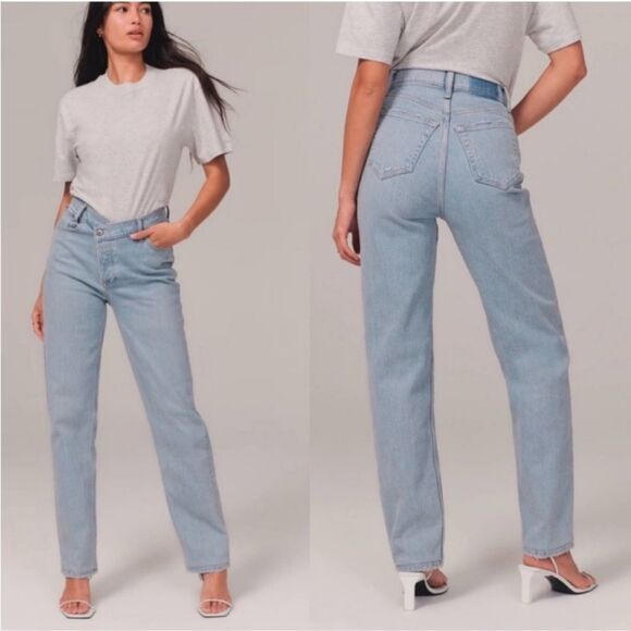 ABERCROMBIE The Dad High Rise Light Wash Asymmetrical Criss Cross Jeans, 34/18R - Picture 14 of 14